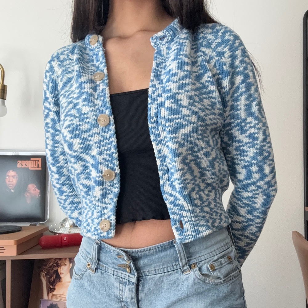 White + Warren Blue White Marbled Chunky Knit Cotton Blend Cardigan XS